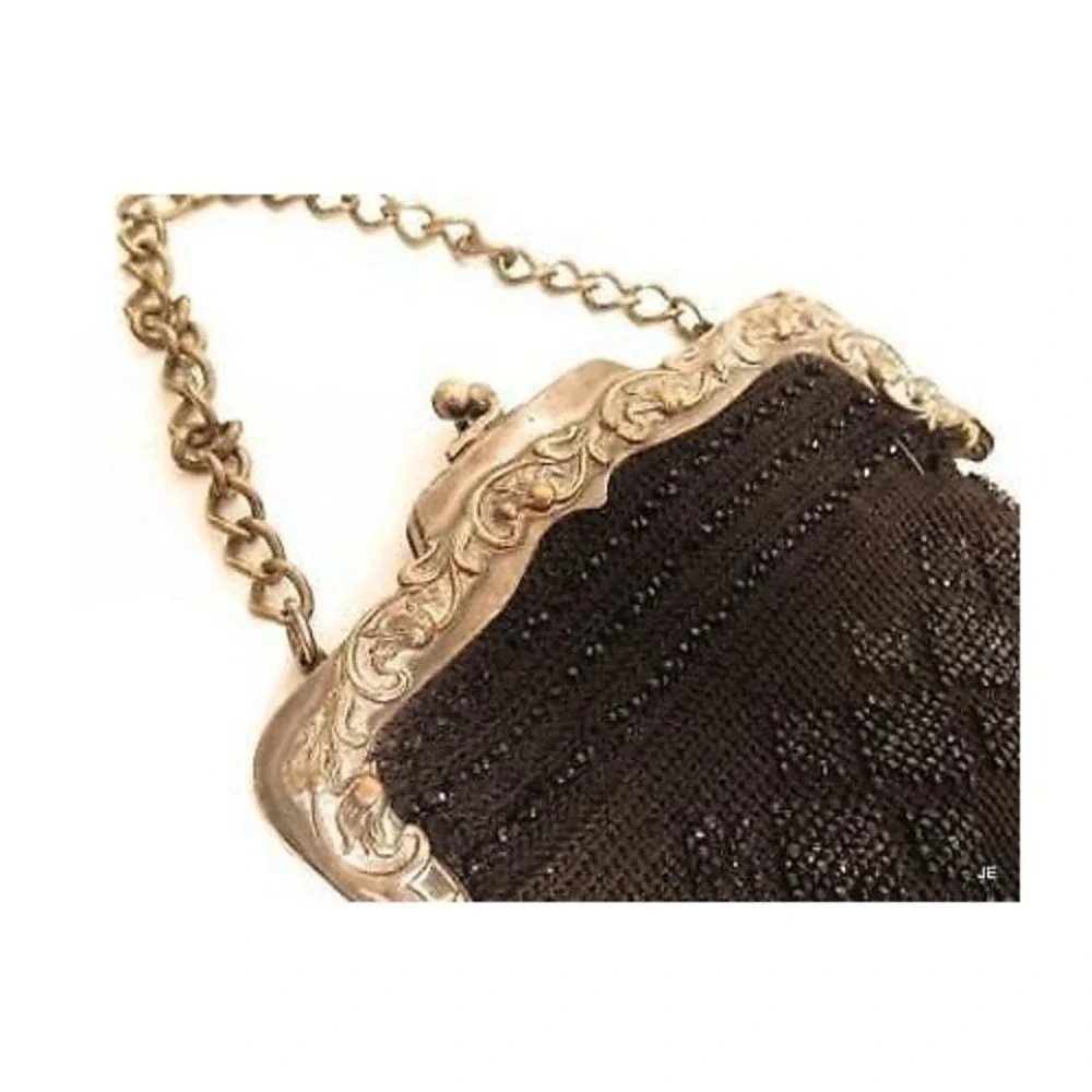 ANTIQUE ART NOUVEAU‎ FLORAL FRENCH STEEL? BLACK MICRO BEAD CHATELAINE PURSE